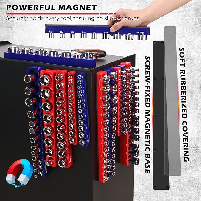 SEDY 12-Piece 1/4" 3/8" 1/2"-Drive SAE & Metric Magnetic Socket Organizer Set (Holds 143 Sockets) -Detachable Tool Tray with 5mm Magnetic Base for Garage/Home(Sockets Not Included)