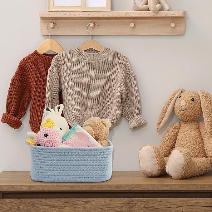 XUANGUO Small Woven Storage Baskets for Shelves, 12" x 8" x 5", Blue | Decorative rope storage bins for closets and toy storage; cute organizer baskets, empty gift baskets and nursery storage.