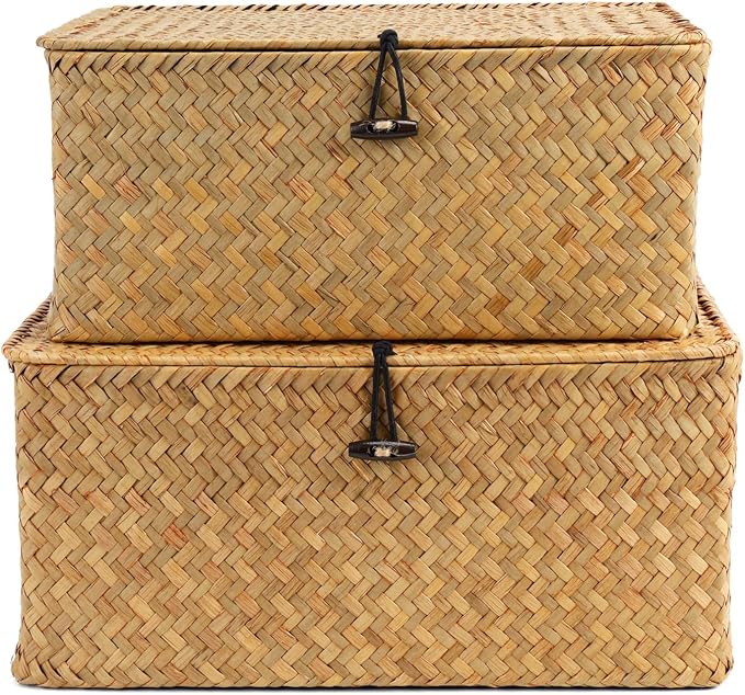 Nonam Storage Basket with Lid, Natural Seagrass Bin with Lid Set of 2, Shelf Baskets Multipurpose Container for Boho Decoration, Rectangular Household Storage Boxes for Home Organization-Natural