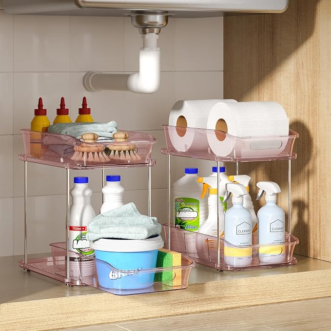 Delamu 2-Tier Under Sink Organizers and Storage, Multi-Purpose Stackable Bathroom Cabinet organizers, Pull Out Kitchen Pantry Organization and Storage with Dividers(2 Pack, Pink)