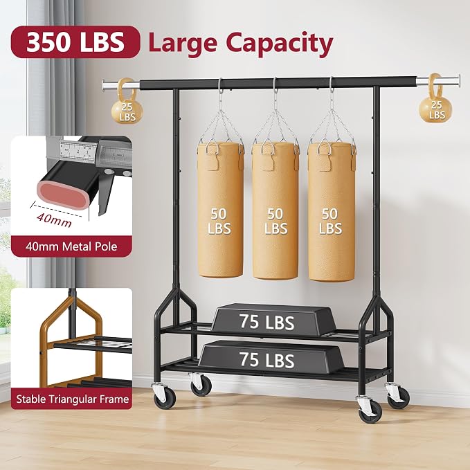 Clothing Rack with 2 Shelves, Metal Heavy Duty Load 350 LBS, Black | Adjustable Clothes Rack, Extendable Garment Rack for Hanging Clothes, Rolling Rack for Bedroom, Laundry Room, Clothes Store