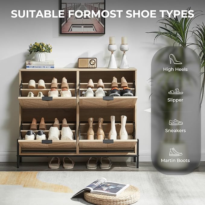 Shoe Cabinet with 4 Flip Drawers, Narrow Entryway Rack, Oak | Slanted Wood Grain, Freestanding, Adjustable Compartments, Removable Middle Shelf, Metal Handles, for Hallway Foyer Entrance