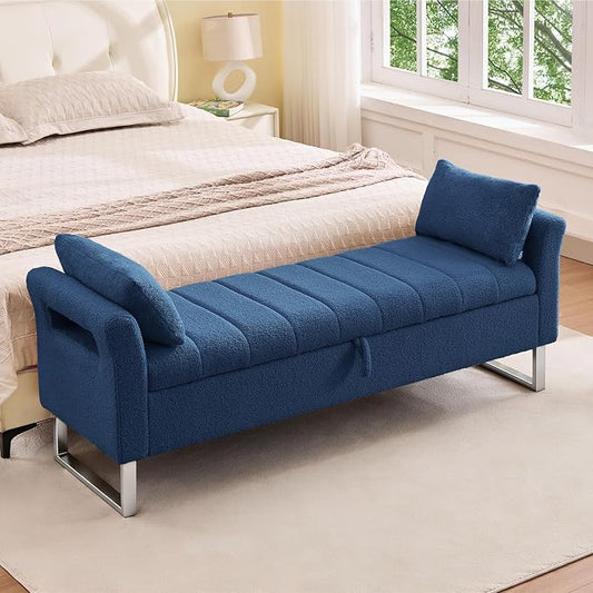 66" Storage Bench for Bedroom Upholstered End of Bed Bench King Size Blue | Long Bedroom Benches for Foot of Bed King,Teddy Storage Bed Bench with Gold Legs,2 Pillows for Entryway Windows Cloakroom