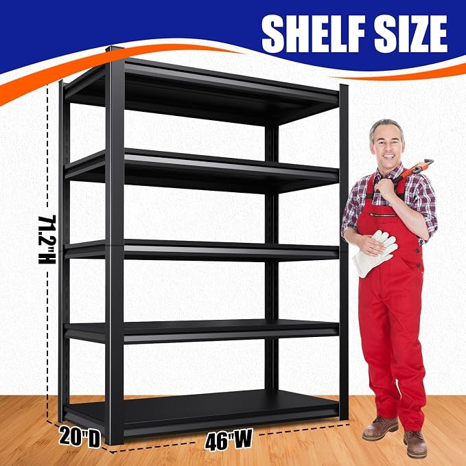Set of 5 Garage Shelving Heavy Duty Storage Shelves, Metal Adjustable Shelving Unit, Utility Garage Organizer Shelf for Basement, Pantry, Kitchen, Warehouse, 20" D x 46" W x 71.2" H, Black