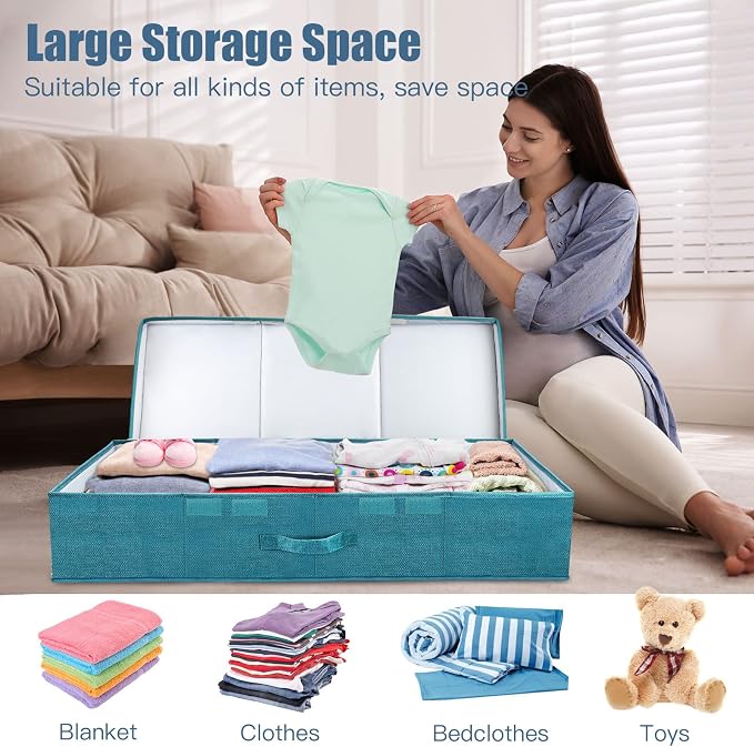 Supowin 2Pack Large Underbed Storage Containers Bin with Lids, Cyan Blue | 6 Inches Tall Under Bed Storage Organizer Box with Handles, Foldable Closet Organizer for Clothes, Blankets, Seasonal Items