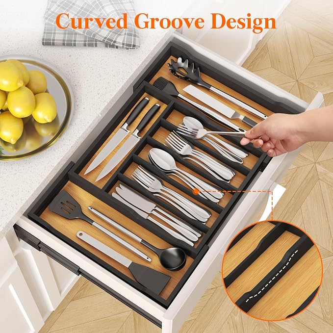 Lifewit Silverware Drawer Organizer, Wooden Utensil Tray for Kitchen | Expandable Flatware and Cutlery Holder, Adjustable Storage for Spoons Forks Knives, 13-22x15", Natural and Black
