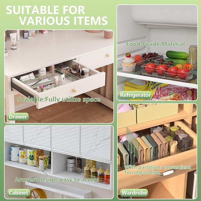 BLULEE 4-in-1 Expandable Drawer Organizer Set, Adjustable Clear Bins | with Dividers for Kitchen, Bathroom, Vanity & Office, Scalable Trays for Cosmetics, Utensils & Desk Accessories (4 Pcs)