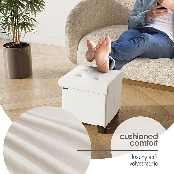 Storage Ottoman Cube with Small Bin, 15-in Square Ottoman with Storage for Living Room and Bedroom, Small Ottomans Foot Rest, Velvet Foot Stools Ottomans Max 330lbs, Cream