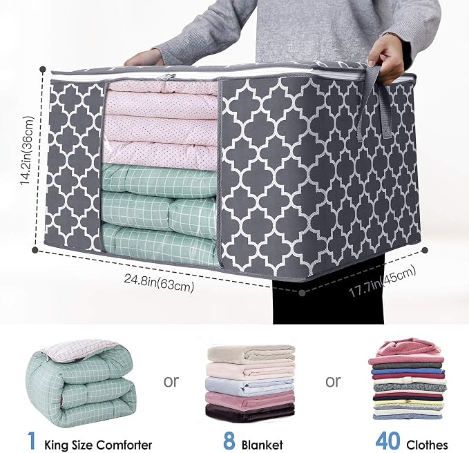 WISELIFE Storage Bags, Large Blanket Clothes Organization and Storage Containers for Bedding, Comforters, Foldable Organizer with Reinforced Handle, Clear Window,Sturdy Zippers,(Grey, 3 x 100L)