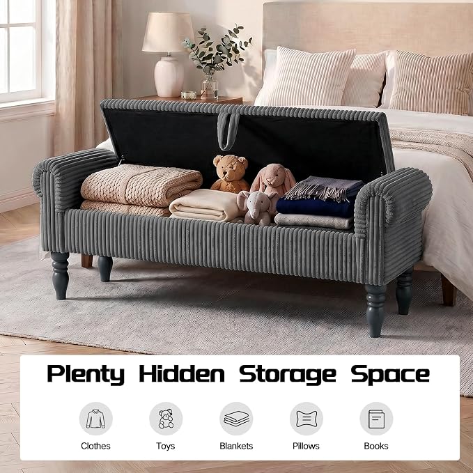 60" Storage Bench for Bedroom,End of Bed Bench with Storage | Corduroy King Size Bench with Rolled Arms,Storage Ottoman Benches for Living Room,Entryway,Benches for Foot of Bed,Dark Grey