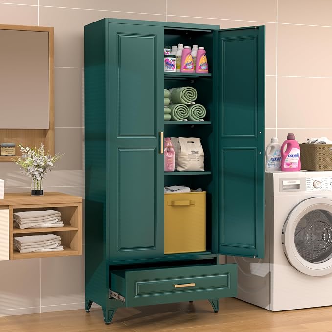 IMELESS Pieces 75" Tall Metal Storage Cabinet with Drawers & Doors,Green | Freestanding Steel Kitchen Pantry Cabinet, 3 Adjustable Shelves (180 Lbs Load), Tall Cabinets for Home, Office and Garage