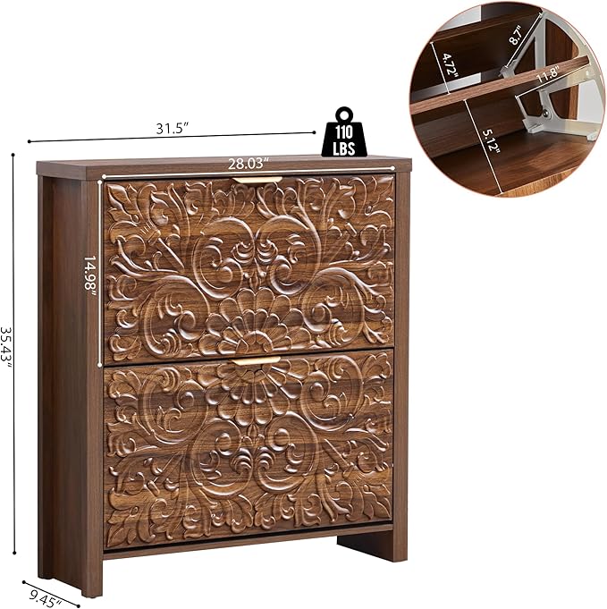 weselon Flip Drawer Shoe Cabinet Set of 2, Narrow Shoe Storage Cabinet, 2-Tier Hidden Shoe Organizer with Carved Floral for Entryway, Slim Shoes Storage for Hallway Foyer (2, Walnut)