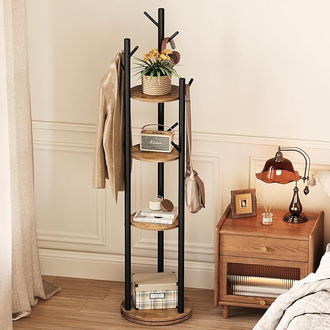 Espelism Rotary Coat Rack Stand, Freestanding Metal Hall Tree with 9 Hooks | 4-tier coat stand with wood storage shelves. Ideal for entryway, bedroom, corner or office clothing organization.Brown