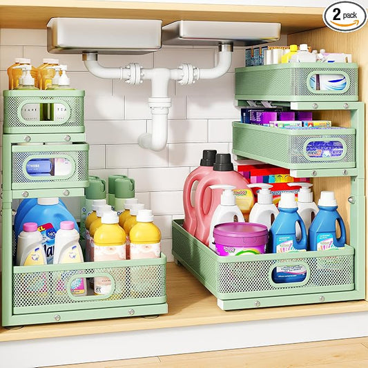 Under Sink Organizer, 3-Tier Thickened Metal Pull out Cabinet Organizer Shelf, Height Adjustable Slide out Storage Drawer Rack for Kitchen Bathroom Pantry Laundry Home Organization, 2-Pack, Green | 35% Extra Storage Capacity, Carbon Steel, Hold Up 55lb...