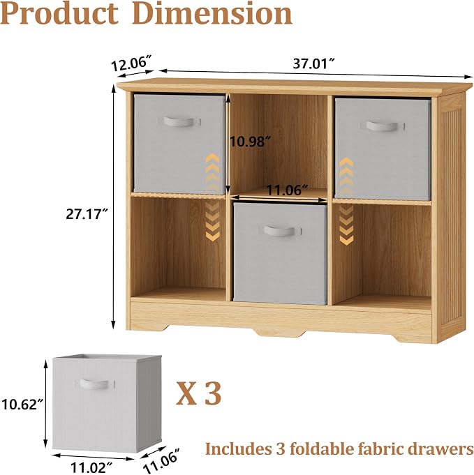 6 Cube Storage Organizer Shelf, Wood Cubby Storage with 3 Fabric Drawers | 2 Tier Wooden Bookshelf with 2 Adjustable Shelves, Fluted Side Panels Bookcase for Bedroom, Living Room, Home Office, Wood