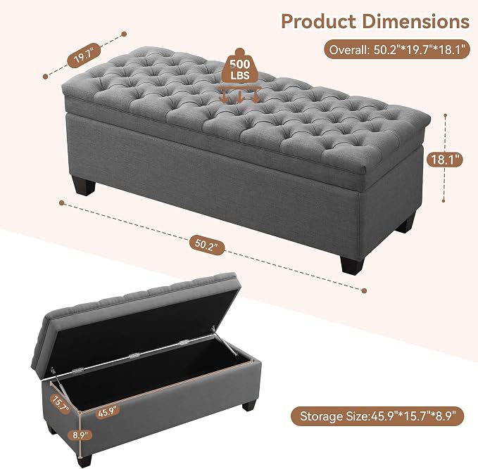 WUTUTUEE 51" Fabric Storage Ottoman Bench, Upholstered Rectangle End of Bed Storage Ottoman Tufted Living Room Bedroom Bench with Safety Hinge, Solid Wood Legs, Loads 500 lb(Dark Grey)