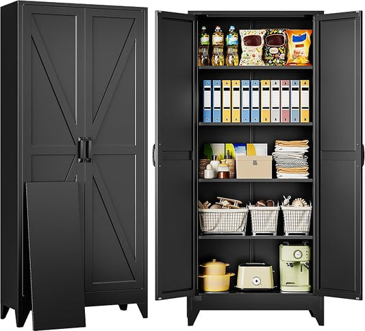 SISESOL 75" Tall Pantry Cabinet,Farmhouse Kitchen Pantry Storage Cabinets with 2 Doors and 4 Shelves,Black Metal Storage Cabinet,Large Cupboard for Home,Kitchen,Dining/Living Room