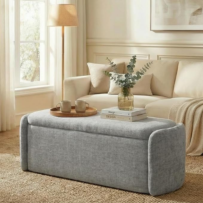 VKNOW 46" Oval Storage Ottoman Bench, Upholstered End of Bed Bench Ottomans Bench Foot Rest, Sherpa Storage Bench for Bedroom, Living Room and Hallway, Light Grey