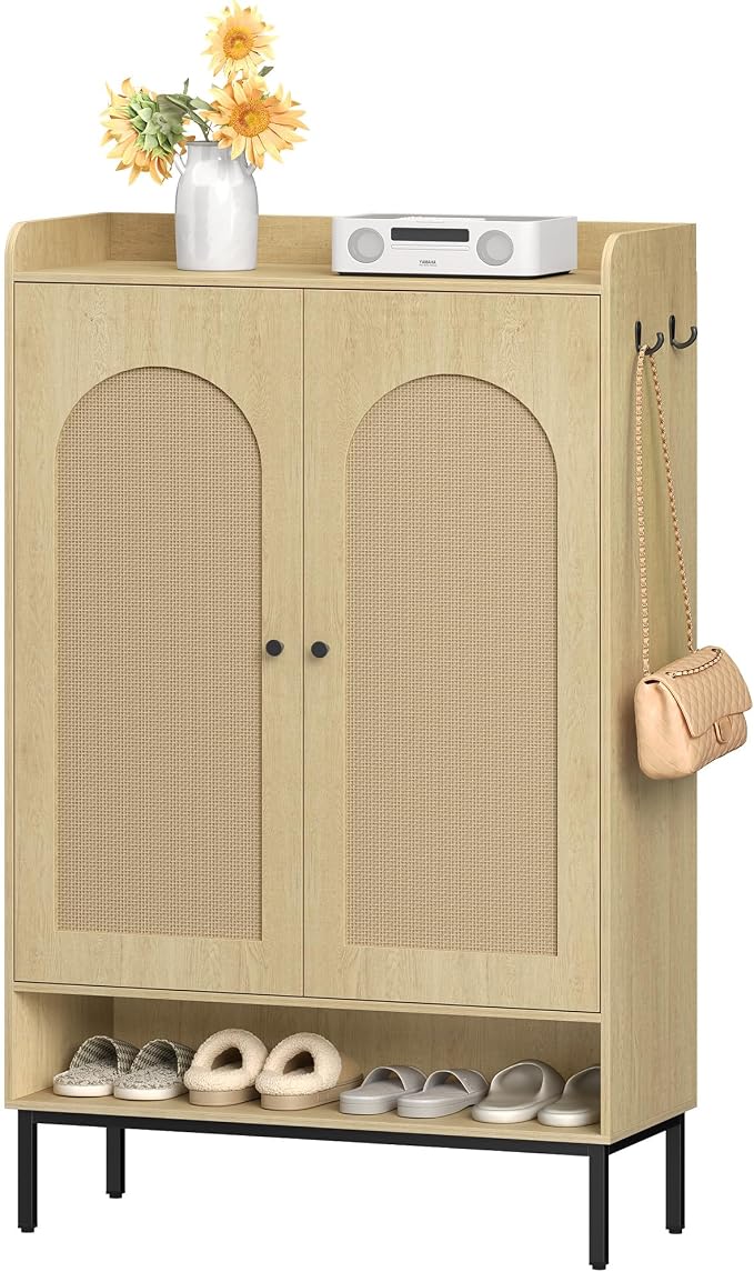 Hzuaneri Shoe Cabinet, 7-Tier Shoe Storage Cabinet with Adjustable Shelves | Wooden Shoes Organizer Cabinets with Doors & Top Storage Layer, 28-32 Pairs, for Entryway, Hallway, Rattan SR68702Y
