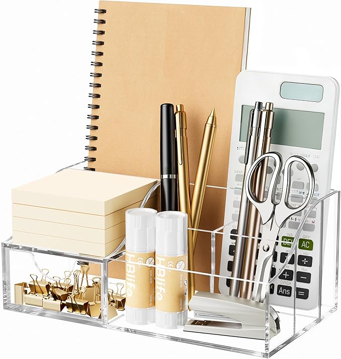 HBlife Acrylic Desk Organizer with Drawer, Pen & Pencil Holder, Multifunctional Desktop Caddy for Office Supply and Organization (Clear)