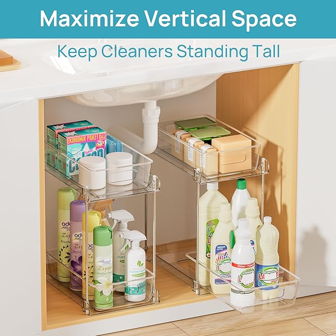 Vtopmart 4 Pack Taller Pull Out Bathroom Under Sink Organizer (S-Higher) | Slide-out drawers, Multi-purpose storage, Clear visibility, Easy Set-up