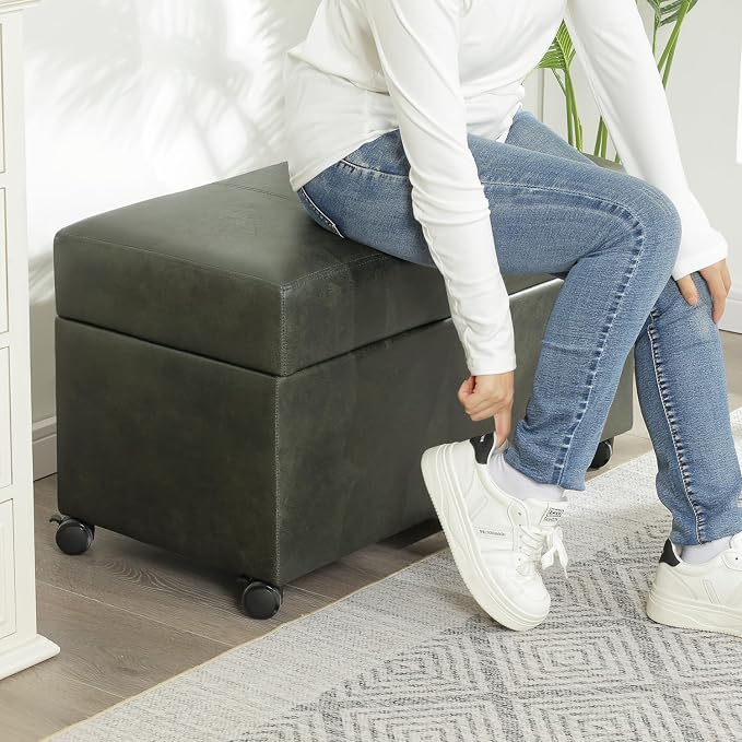 32" Faux Suede Storage Ottoman Bench with Wheel, Rectangle Foot Rest Stool for Living Room, Bedroom, Entryway,Moss Green
