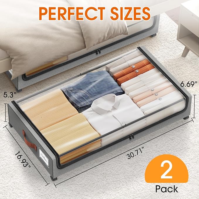 SpaceHacks Under Bed Storage with Wheels 2Pack Underbed Storage with Clear Window&Label Under Bed Drawers Large Capacity Rolling Under Bed Storage for Clothes,Shoes, Blankets (Light Grey)