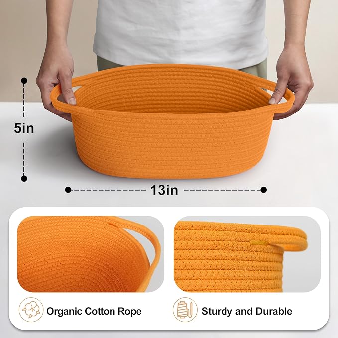 MEGASKET Orange Woven Basket, 13" x 9" x 5" Baskets for Gifts Empty, Cute Cotton Rope Cat Dog Toy Bin Box, Small Woven Bin for Shelves, Orange Room Decor, Nursery Baby Cloth Diaper Storage Organizer