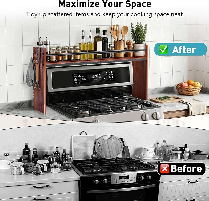 Spice Rack Shelf for Kitchen Stove, Over The Stove Shelf with 4 Hooks, Premium Wood & Metal Commbined Spice Rack Organizer Extra Storage Countertop (Walnut)