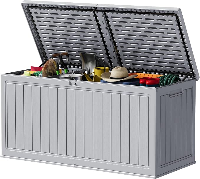 Devoko HDPE 260 Gallon Deck Box Double-Wall with Divider | Large Outdoor Storage Box Side Handles, Waterproof and Lockable for Patio Furniture, Garden, Pool