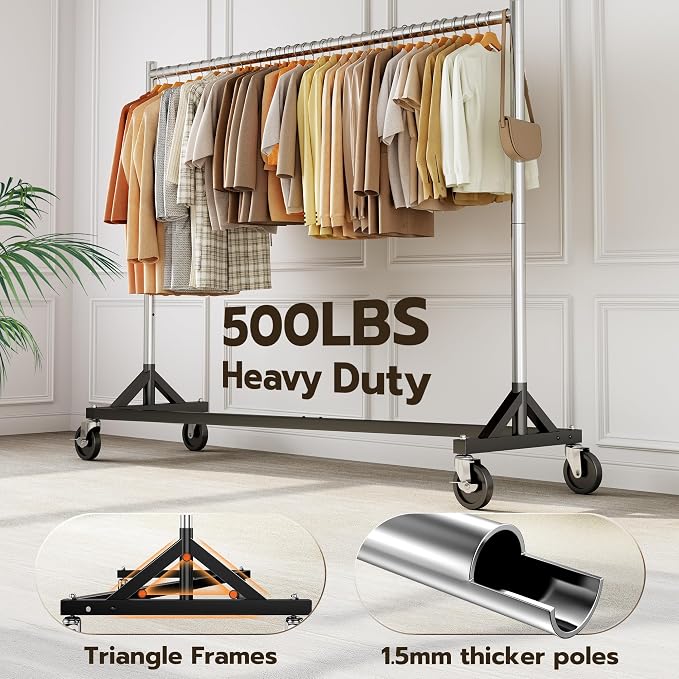 HOKEEPER Z Rack for Clothes Heavy Duty Clothing Rack Hold 500 LBS | Commercial Garment Rack with Wheels Rolling Portable Clothes Rack for Bedroom, Laundry, Balcony 24" D x63"W x 71"H, 2 Packs