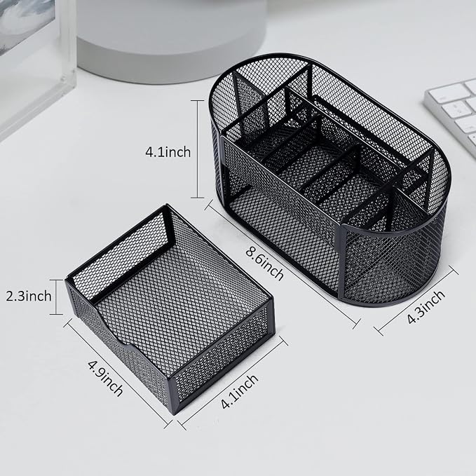 Black Mesh Pen Holder Desk Organizer Cute Office Supplies Pencil and Marker Organizers Oval Desk Caddy with 8 Compartments and 1 Drawer Workspace Accessories for Office School Home