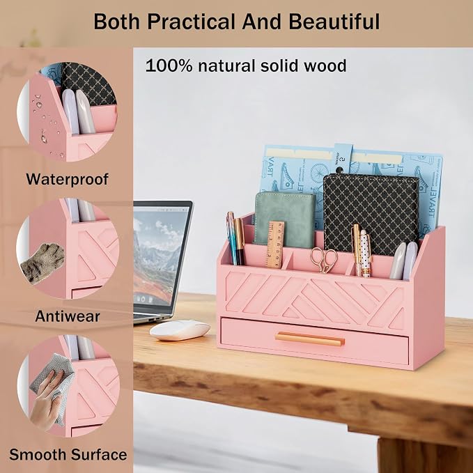 dreampossible Pink Wood Desk Organizer and Accessories with Drawer, Bill Mail Organizer and File Mail Holder for Office Supplies, Modern Desk Accessories & Workspace Organizers for Desk Organization