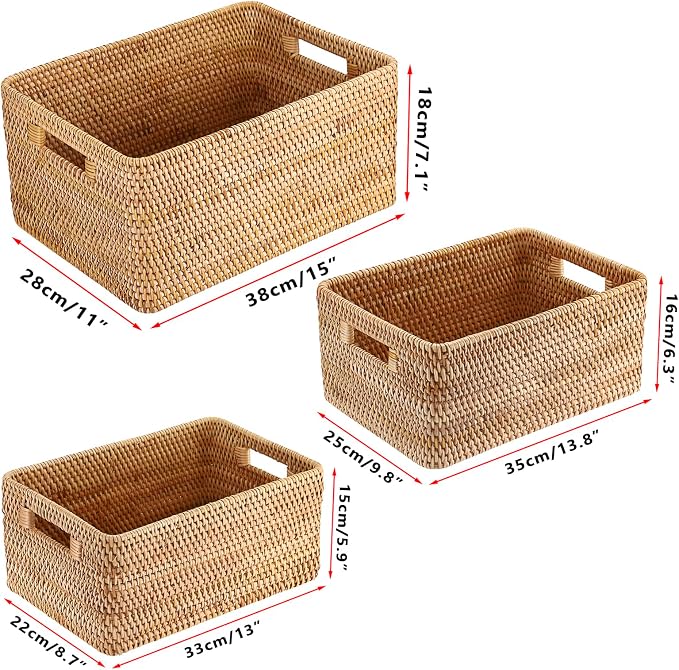 Hipiwe Rattan Wicker Storage Basket for Shelf Organizer, Large 15"x11"x7.1" | Handwoven Decorative Basket Bin with Build-in Handles, Natural Rectanguar Wardrobe Home Organizer