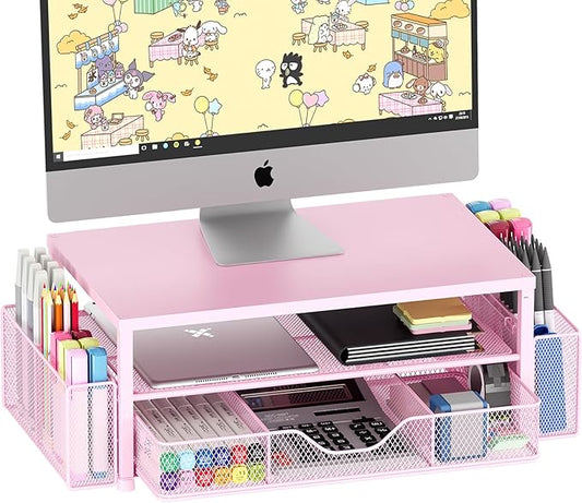 OPNICE Desk Organizer and Accessories, 2-Tier Computer Monitor Stand Riser with Drawer and 2 Pen Holders, Laptop Stand, Office Desk Accessories for Office Supplies, 1 Pack, Pink