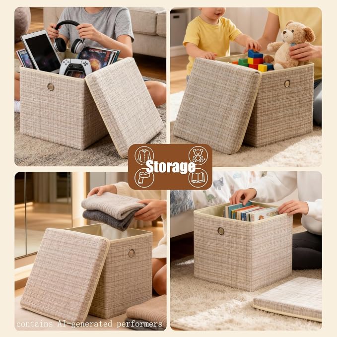 modscape 12x12x12 Collapsible Fabric Cube Storage Bins with Lids | Clothes storage bins for shelves, closet, bedroom. Decorative boxes with lids, treasure box for classroom(Shining Beige, 3)