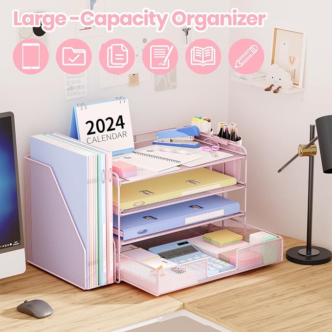 OPNICE Desk Organizer, 4-Tier Desktop File Organizer with Drawer and Pen Holders, Office Desk Accessories, File Sorters, Workspace Organizers for Office Supplies(Pink)