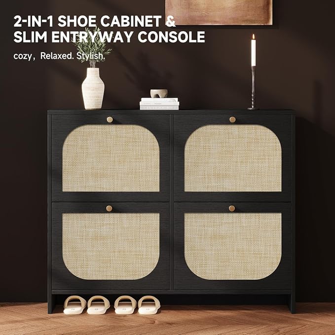 Nicetree Shoe Storage Cabinet for Entryway, Rattan Vintage Flip Shoe Rack- 4 Flip Drawers & 3-Tier Adjustable Shelves,Boho Shoe Organizer for 28-36 Pairs - Fits Size 12 Boots, 9.5" Ultra Slim