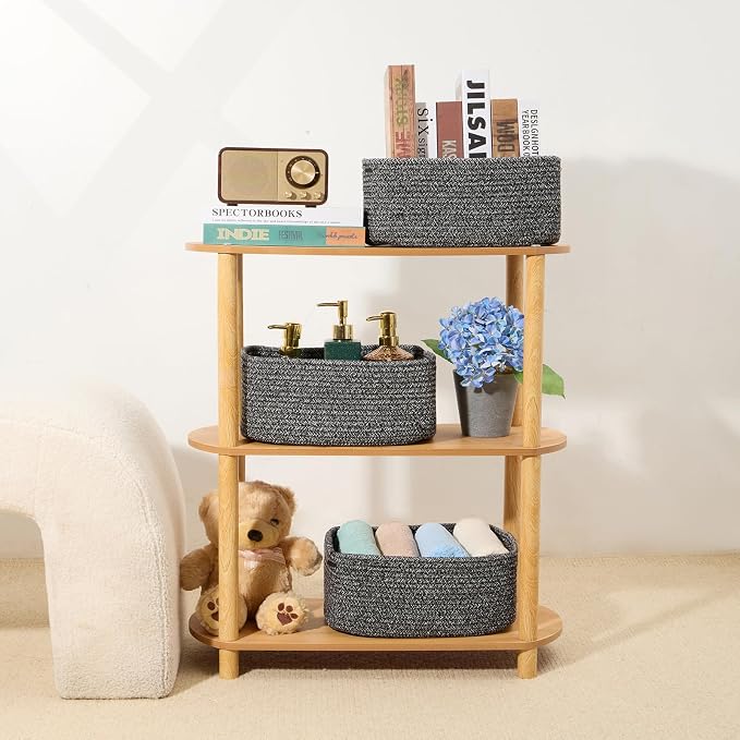 MiniArk Small Storage Baskets for Organizing | Closet Organizer Bins | Shelf Toy Basket | Woven Rope Baskets | Cube Decorative Box | Shallow Basket | 13x8.5x5.1” | 4 Packs Dark Gray