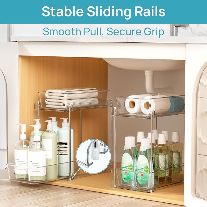 Vtopmart 4 Pack Taller Pull Out Bathroom Under Sink Organizer (S-Higher) | Slide-out drawers, Multi-purpose storage, Clear visibility, Easy Set-up