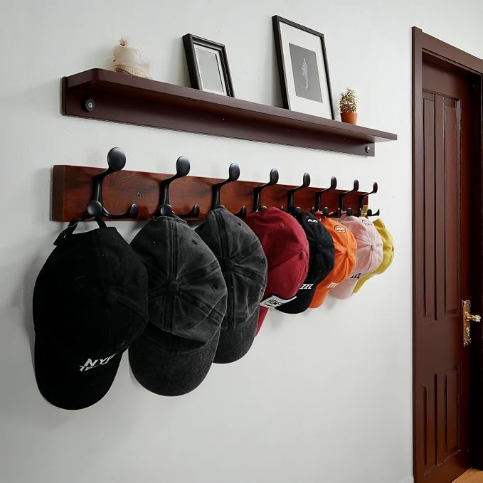 WEBI Coat Rack Wall Mount,30" Solid Wood Coat Hooks Wall Mounted Coat Hanger,16" Hole to Hole,Heavy Duty Hook Rack Rail,5 Triple Hooks for Hanging Coats,Jacket,Clothes,Hat,Backpack,Cherry