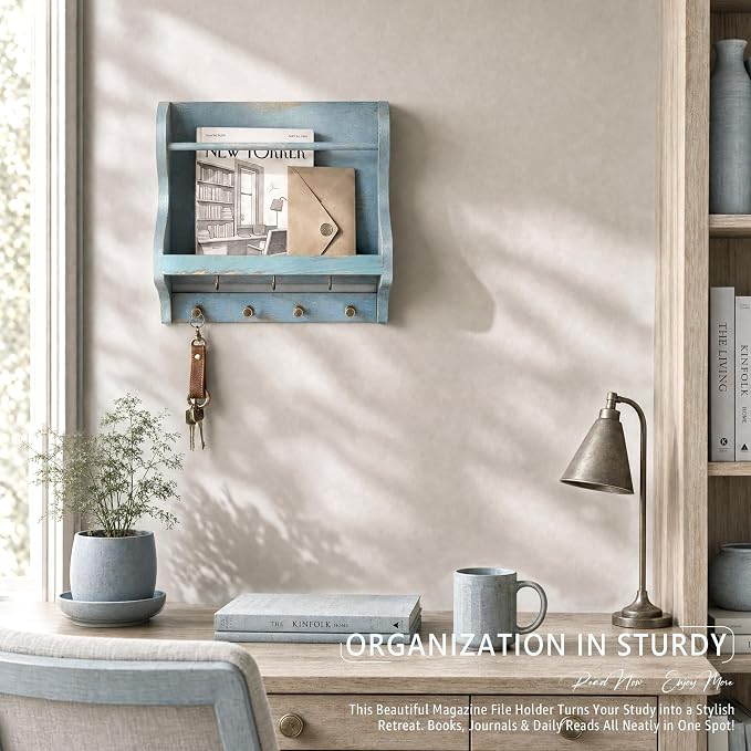 Pine Wood Mail Organizer Wall Mount: Magazine Holder for Room Decor, Blue | Anti-drop wood strip, Letter Holder Slot for Newspaper, 7 Key Hooks, Rustic Entryway Organizer, Ideal Home Organization