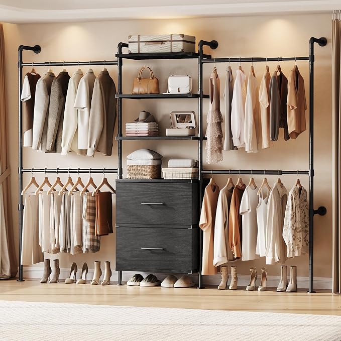 T3 Wall Mounted Industrial Pipe Closet Organizers Storage System | Metal Clothing Rack with 2 Drawers, 6 Wooden Shelves & 4 Expandable Rods, Heavy Duty Garment Rack, Wardrobe (Black)