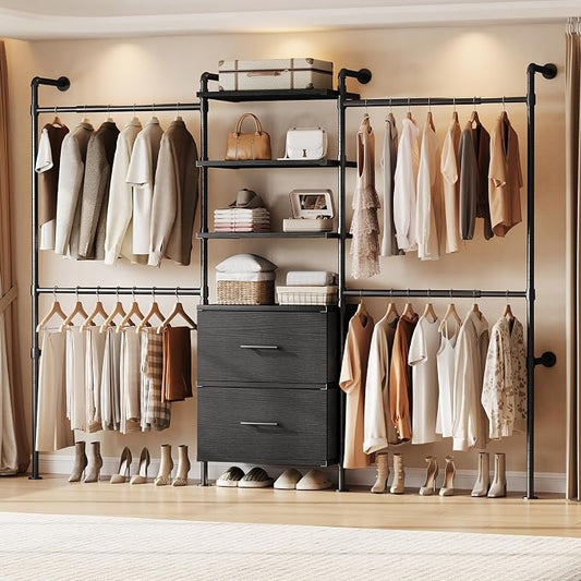 T3 Wall Mounted Industrial Pipe Closet Organizers Storage System | Metal Clothing Rack with 2 Drawers, 6 Wooden Shelves & 4 Expandable Rods, Heavy Duty Garment Rack, Wardrobe (Black)