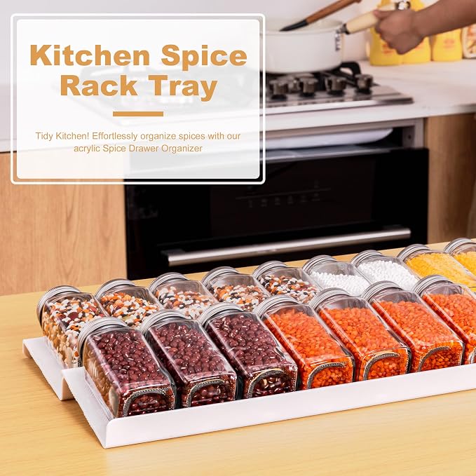 Spice Drawer Organizer 4 Tier, Adjustable White Kitchen Seasoning Rack Tray (13" to 26"), with Anti-Slip Mat, for Cabinet Countertop (Jars Not Included)-White