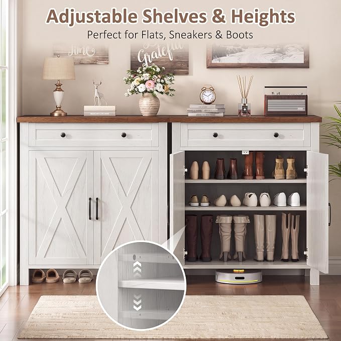 Farmhouse Shoe Storage Cabinet, 5-Tier High Boots Organizer with Adjustable Shelves, Large Drawer & Barn Doors, Entryway Shoe Rack for Hallway Living Room, White