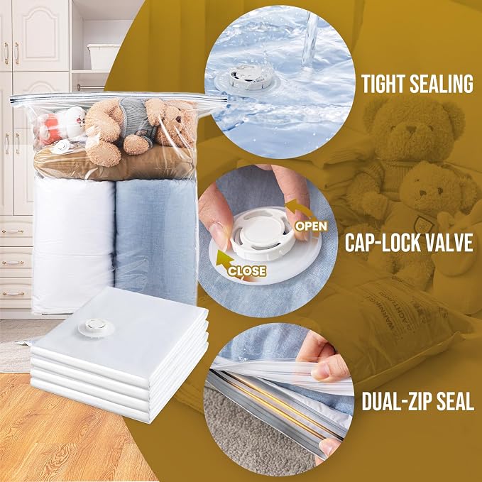 TAILI 4 Pack Vacuum Storage Bags, Jumbo Size (31×40 inch), Cream | Vacuum Seal Bags for Clothing, Extra Large Space Saver for Bulky Beddings, Comforters, Blankets, Pillows, Reusable