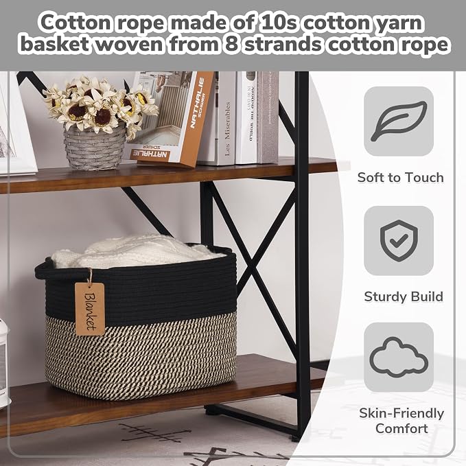 Goodpick Small Wicker Storage Basket for Shelves, Rectangle, Black & Jute | 13 × 10 × 9 in, Reinforced Handles, Shelf & Home Organization, Shoes, Towels, Toys & Nursery Essentials Storage