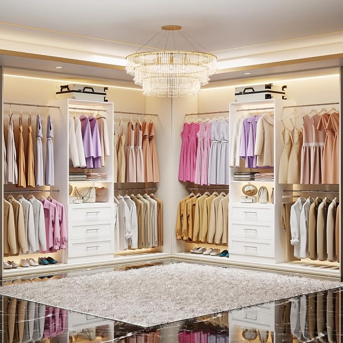 Westcity Closet System with 6 Drawers, 4FT-15FT 2-Piece Closet System, Walk in Closet Organizer System, Modular Closet System with 10 Adjustable Hanging Rods & Shelves, Closet Storage System, White