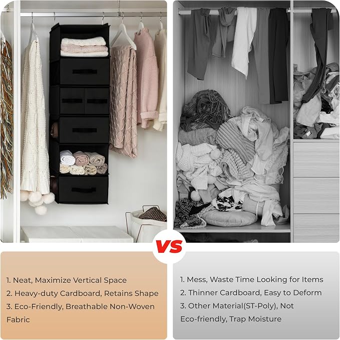 GRANNY SAYS Hanging Closet Organizer 6 Shelves, Closet Organization and Storage with 5 Different Drawers, 6 Side Pockets Wardrobe Clothes Organizer for Closet, Black, 1-Pack